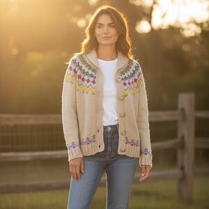 Women's Cream Patterned Sweater cardigan knit button up medium